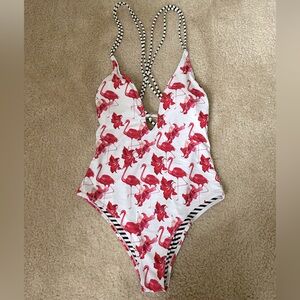 Cupshe one piece white, pink, striped flamingo swimsuit